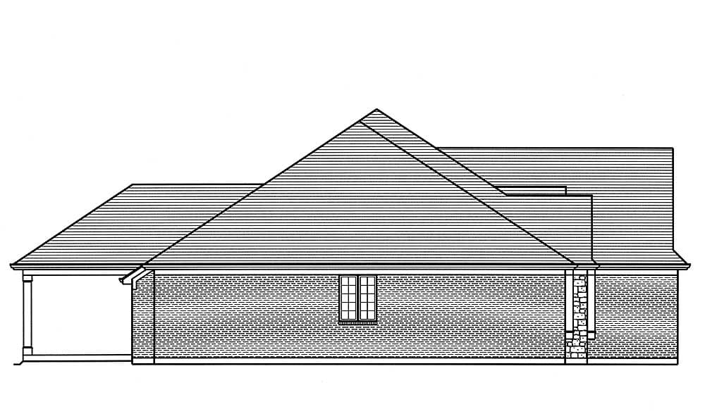 House plan side elevation showing brick exterior, pitched roof, covered porch, and a multi-pane window.
