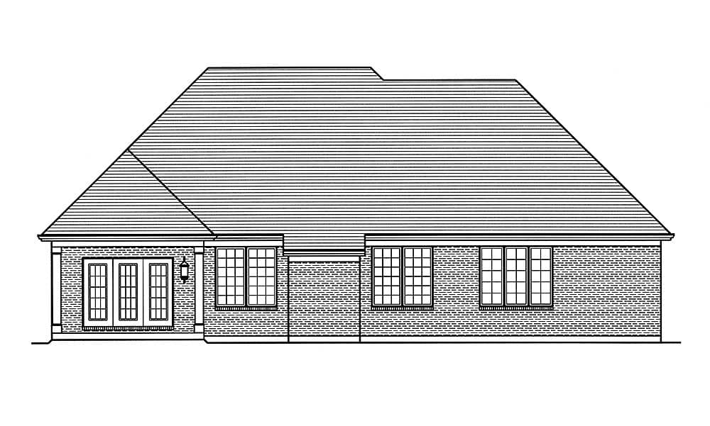 House plan exterior elevation of a single-story brick home with a hip roof, multiple windows, and double doors.
