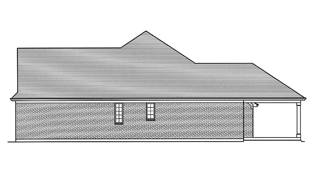 House plan side elevation drawing showing brick exterior, gabled roofline, two windows, and a covered porch.