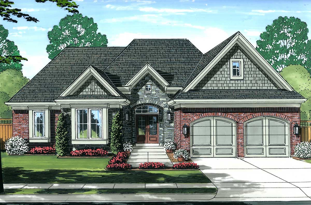 House plan exterior: One-story home with dual arched garage doors, stone entry, bay windows, and gabled dormers.
