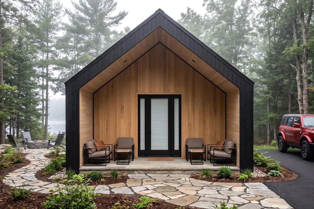 Contemporary Scandinavian Cabin ADU Plan with One Bedroom and Vaulted Ceilings