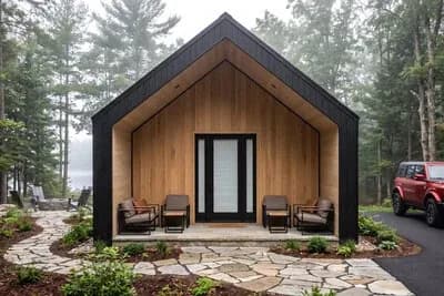 Contemporary Scandinavian Cabin ADU Plan with One Bedroom and Vaulted Ceilings