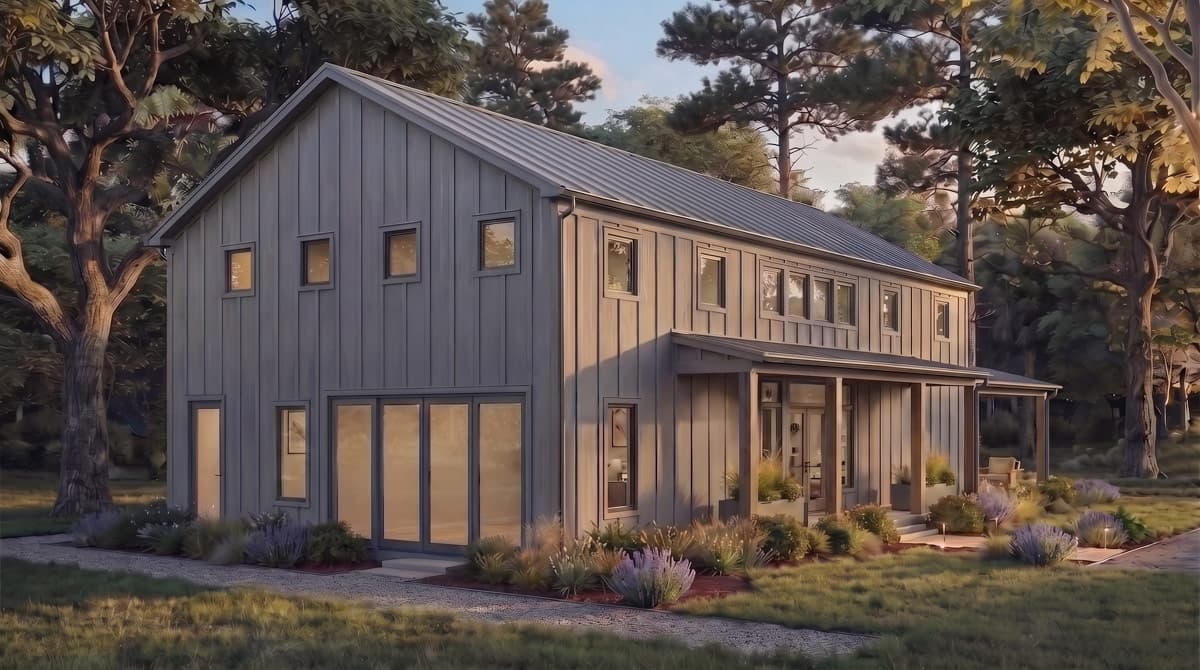 Plan 125014LEW: Modern Barndominium House Plan with 4 Bedrooms and Two-Story Great Room - Image #2 - Barndominium, Country, Modern Farmhouse, New American