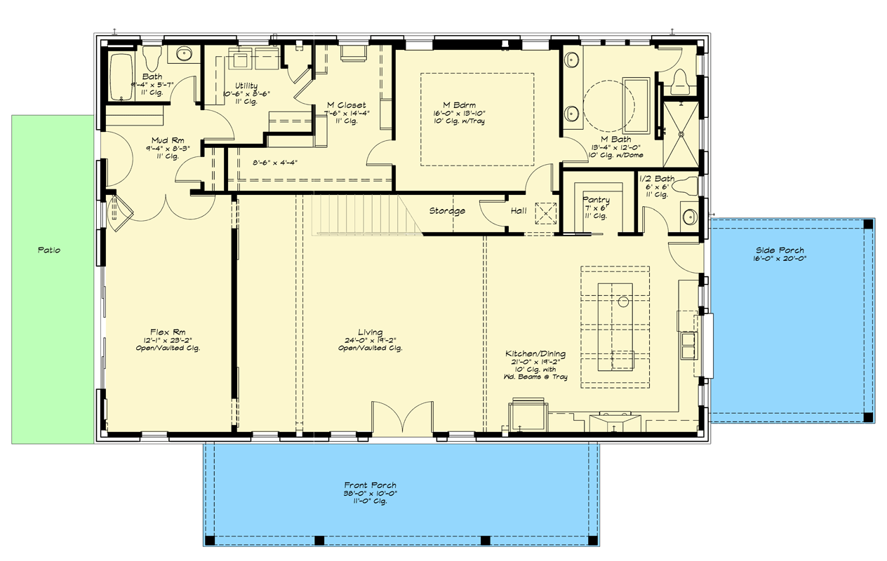 Plan 125014LEW: Modern Barndominium House Plan with 4 Bedrooms and Two-Story Great Room - Floor Plan - Main Level - Barndominium, Country, Modern Farmhouse, New American