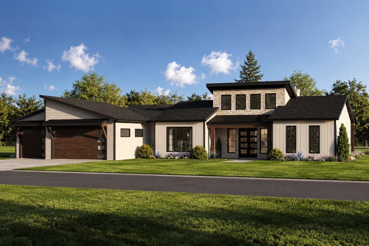 Plan 135461GRA: Modern House Plan with 3-Car Garage and Split Bedrooms - Image #1 - Contemporary, Modern, Northwest, Ranch