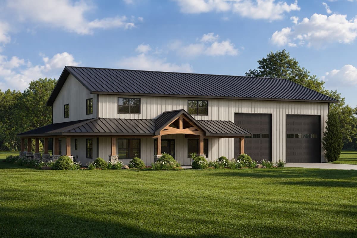 Plan 135462GRA: Modern Barndominium House Plan with Four Bedrooms and Wraparound Porch - Image #1 - Barndominium, Country, New American