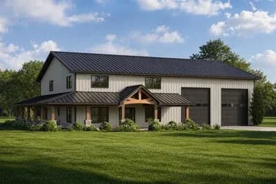 Modern Barndominium House Plan with Four Bedrooms and Wraparound Porch