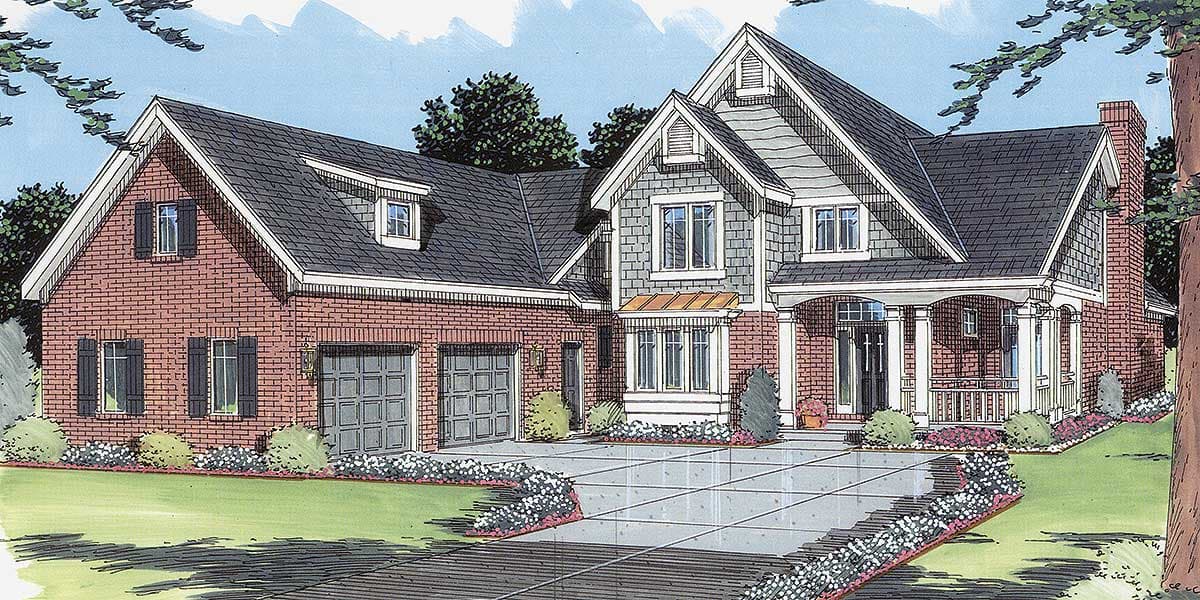 House plan exterior: Two-story, brick and siding, with a gabled dormer, covered porch, and attached garage.