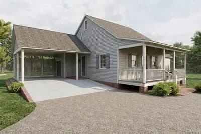 Charming Southern Cottage House Plan with 2 Bed, Carport, and Front Porch