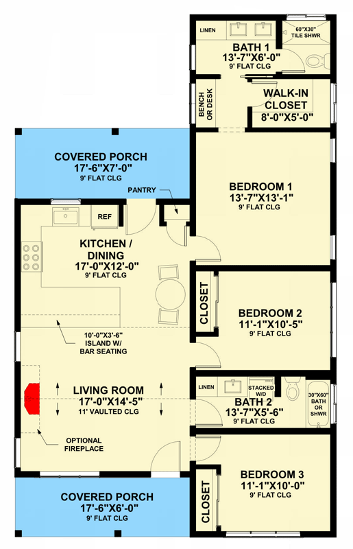 Plan 421049HFC: Three Bedroom Mountain Cottage House Plan with Vaulted Living Room - Floor Plan - Image #6 - Cottage, Country, Mountain, New American