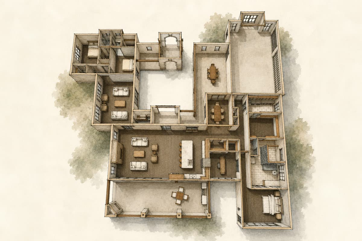 Plan 150036HRP: Sprawling Spanish Ranch House Plan with Courtyard and Three Bedrooms - Image #17 - Ranch, Spanish