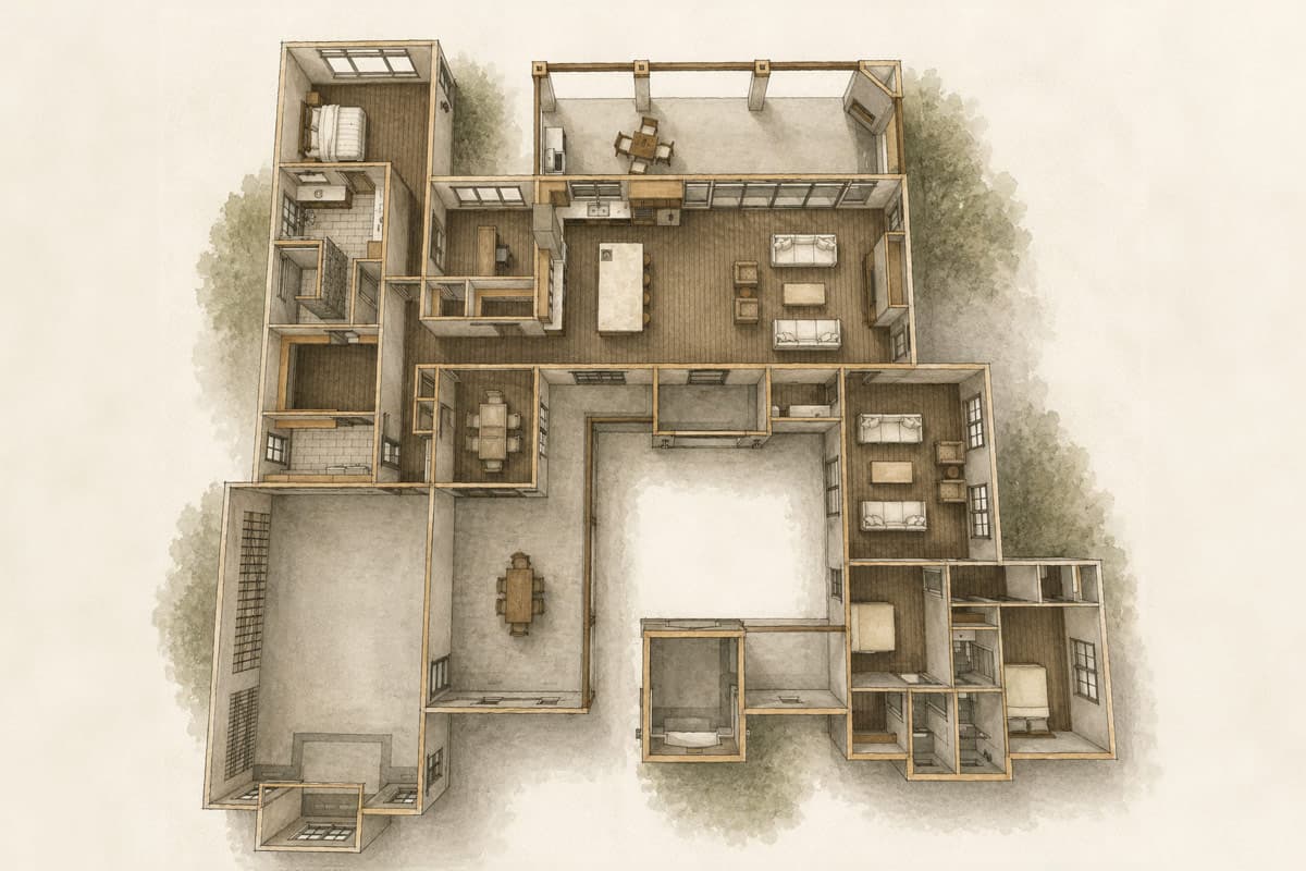 Plan 150036HRP: Sprawling Spanish Ranch House Plan with Courtyard and Three Bedrooms - Image #16 - Ranch, Spanish