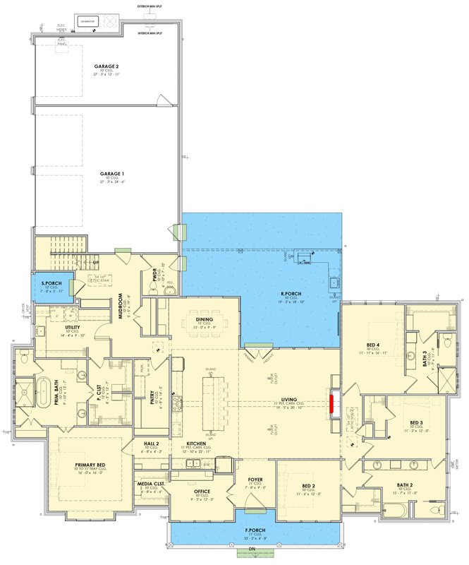 Plan 185051PHD: Transitional Farmhouse House Plan with Five Bedrooms and Three-Car Garage - Floor Plan - Main Level - Colonial, Farmhouse, Modern Farmhouse, Traditional, Transitional
