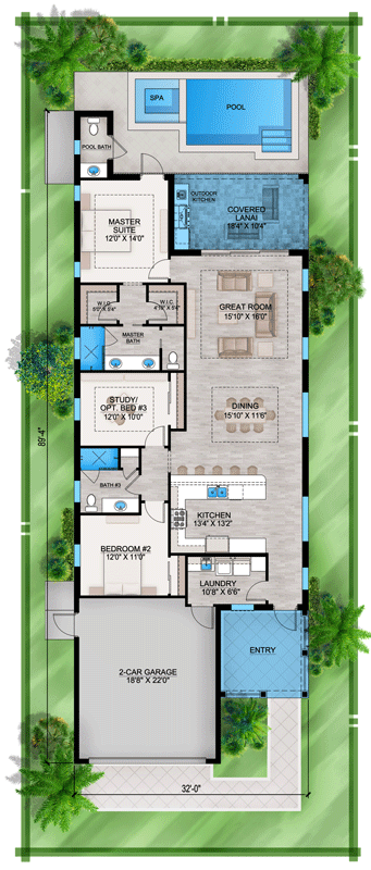 Plan 86165BW: Contemporary Coastal Cottage House Plan with 3 Bedrooms and Lanai - Floor Plan - Image #3 - Coastal, Contemporary, Cottage, Farmhouse