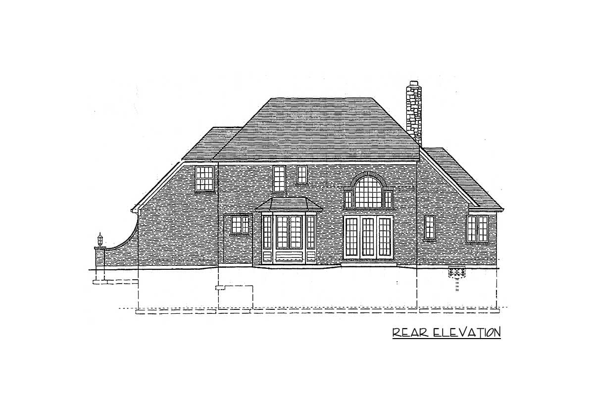 Rear elevation drawing shows a multi-story house plan with a brick exterior, bay window, French doors, and a chimney.