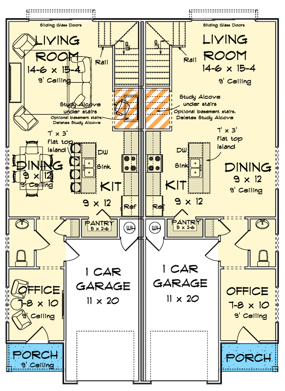 Plan 52575WM: Modern Two-Story Duplex House Plan with Three Bedrooms - Floor Plan - Main Level - Modern, Traditional