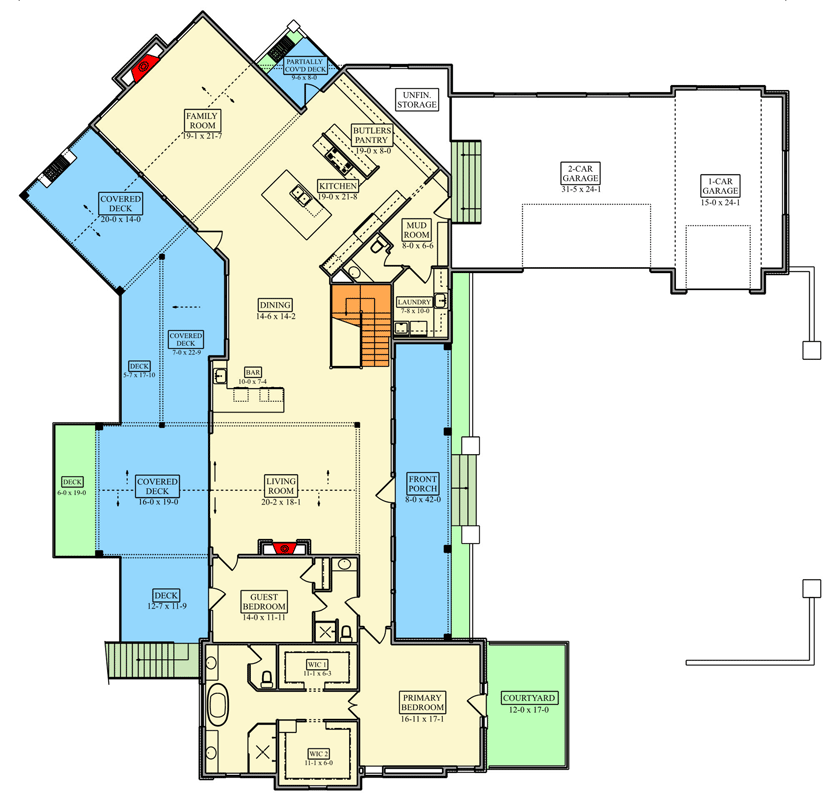 Plan 95390RW: European Mountain Ranch House Plan with Expansive Three Car Garage - Floor Plan - Main Level - European, Mountain, Ranch, Transitional