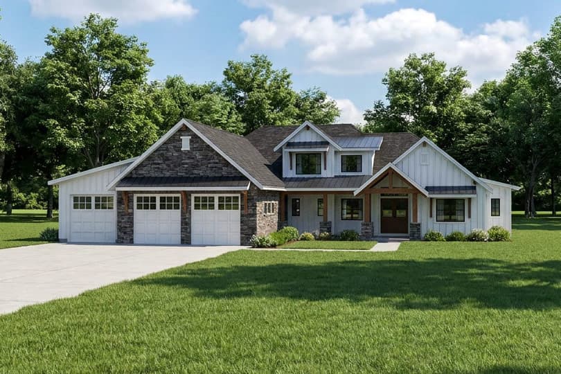 Plan 95391RW: Modern New American Farmhouse Plan with 4 Bedrooms and 3-Car Garage - Image #1 - Craftsman, Modern Farmhouse, New American