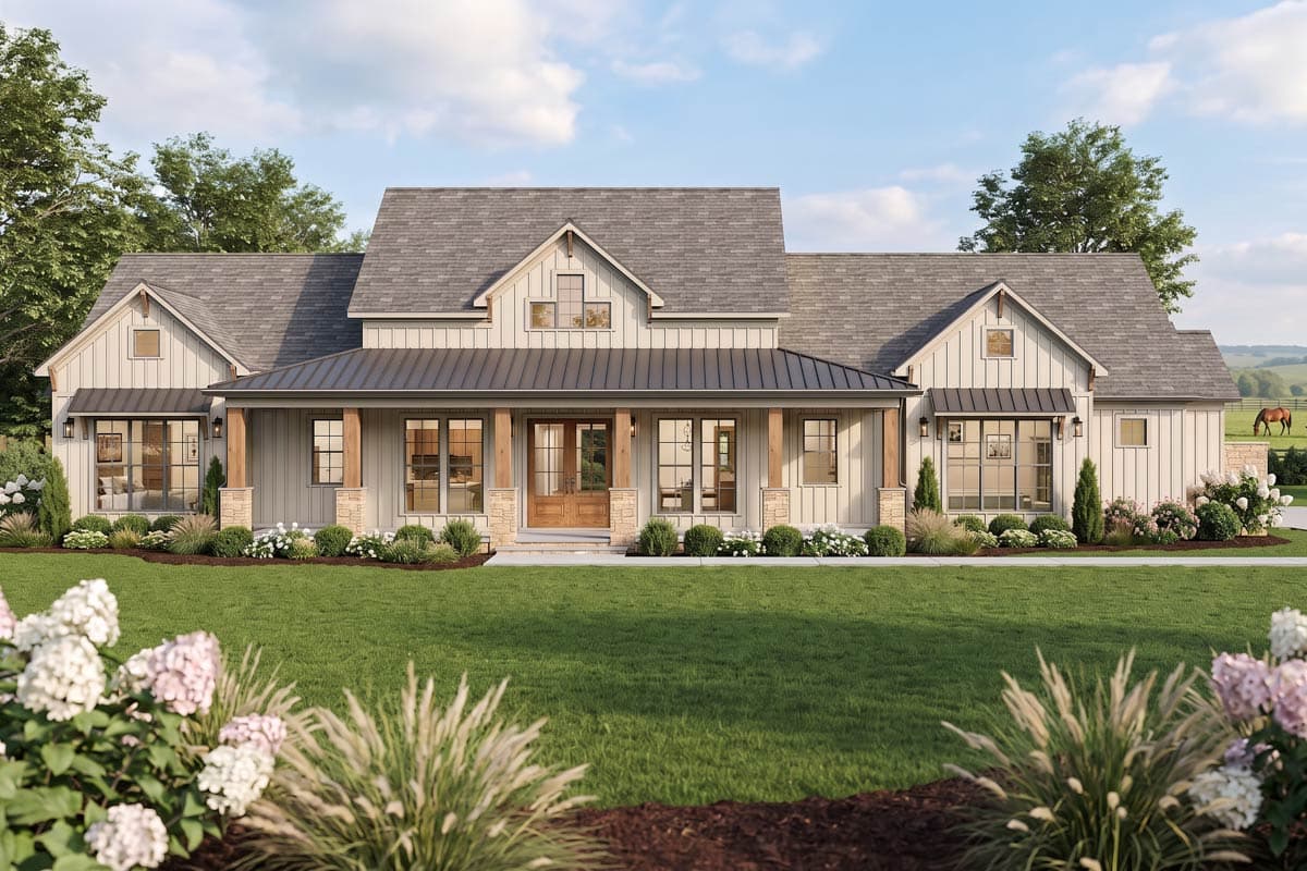 Plan 70985MK: Modern Farmhouse House Plan with 3 Bedrooms and Spacious Finished Bonus Room - Image #2 - Bungalow, Farmhouse, Modern Farmhouse, New American
