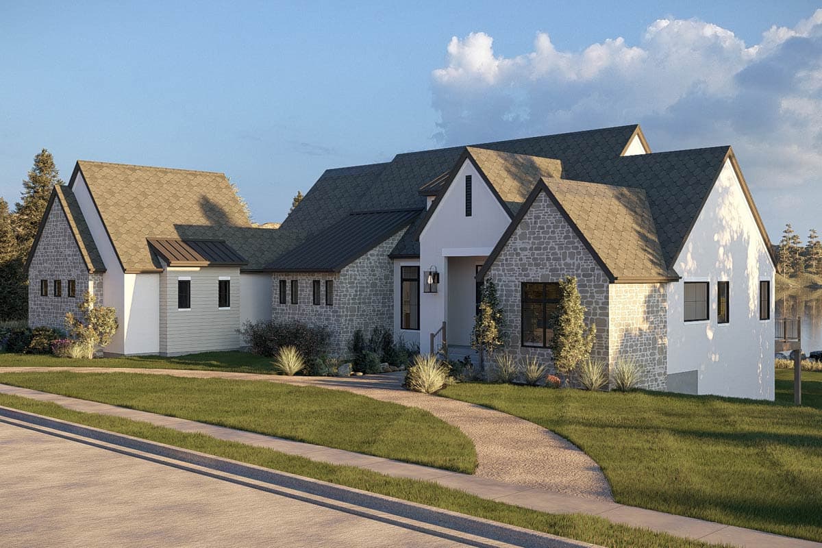 Plan 623663DJ: European Transitional House Plan with 3 Bedrooms and Two Story Great Room - Image #4 - European, Transitional