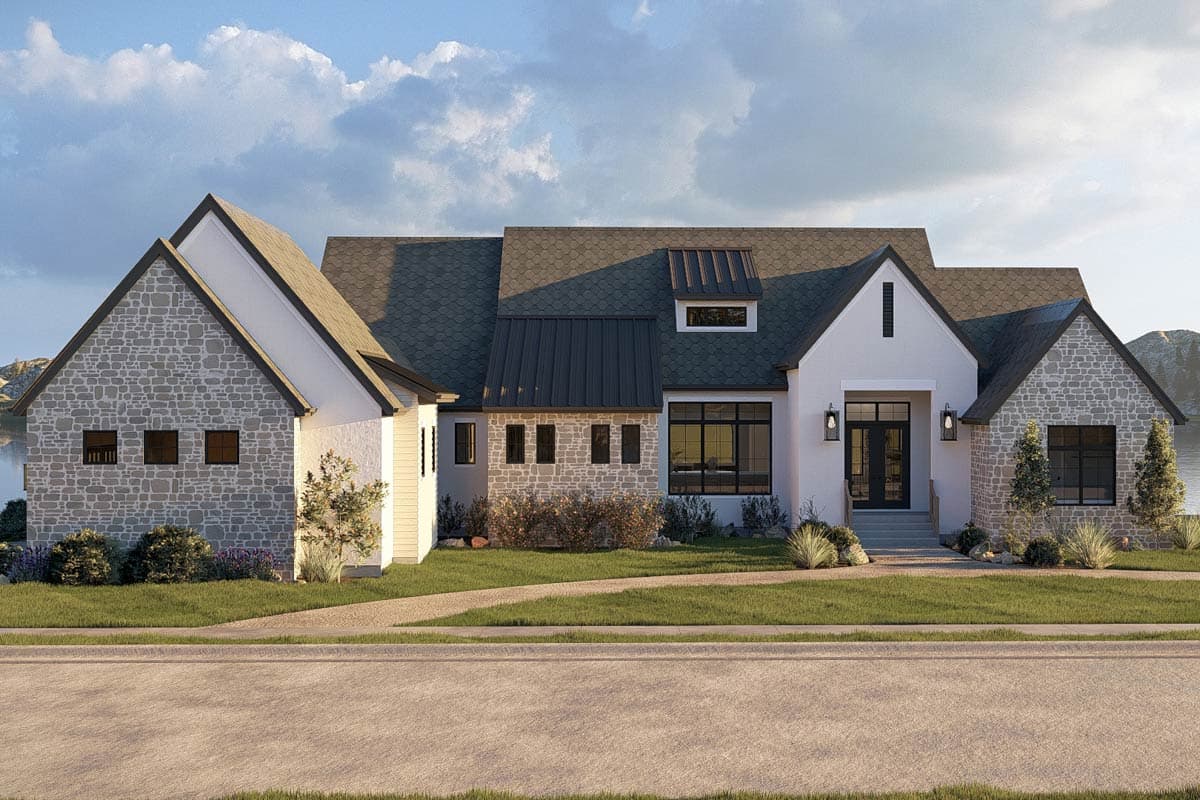 Plan 623663DJ: European Transitional House Plan with 3 Bedrooms and Two Story Great Room - Image #3 - European, Transitional