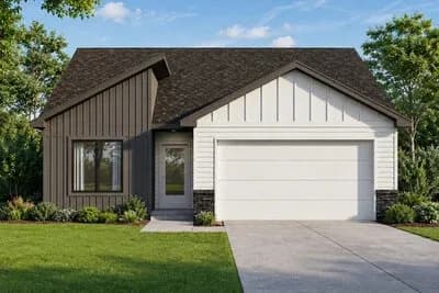 Compact Modern Farmhouse House Plan with Two Bedrooms and Attached Garage