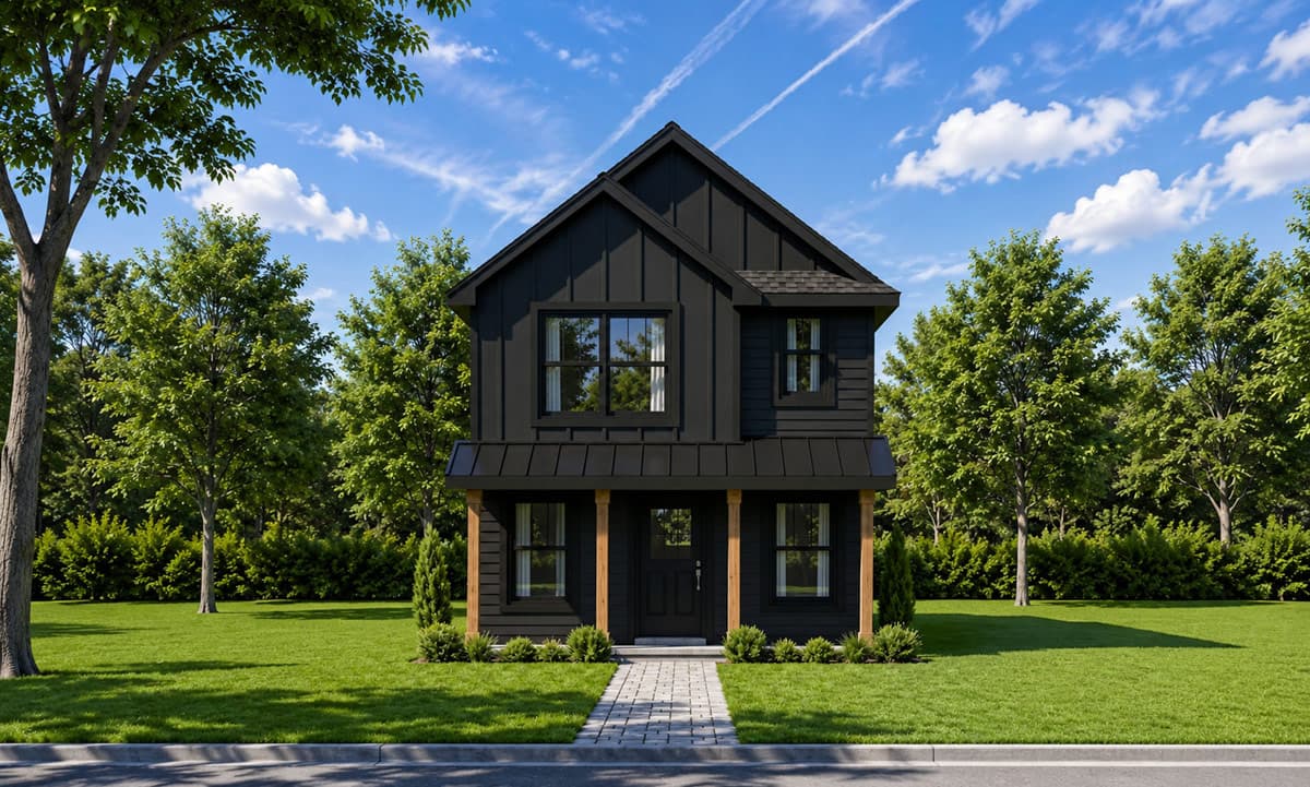 Plan 42778DB: Narrow Three Bedroom Modern Farmhouse House Plan with Efficient Layout - Image #2 - Cabin, Cottage, Farmhouse, Modern Farmhouse, New American