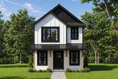 Narrow Three Bedroom Modern Farmhouse House Plan with Efficient Layout