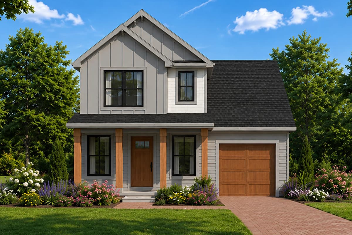 Plan image - 42779DB:Compact Modern Farmhouse House Plan with Three Bedrooms and Garage