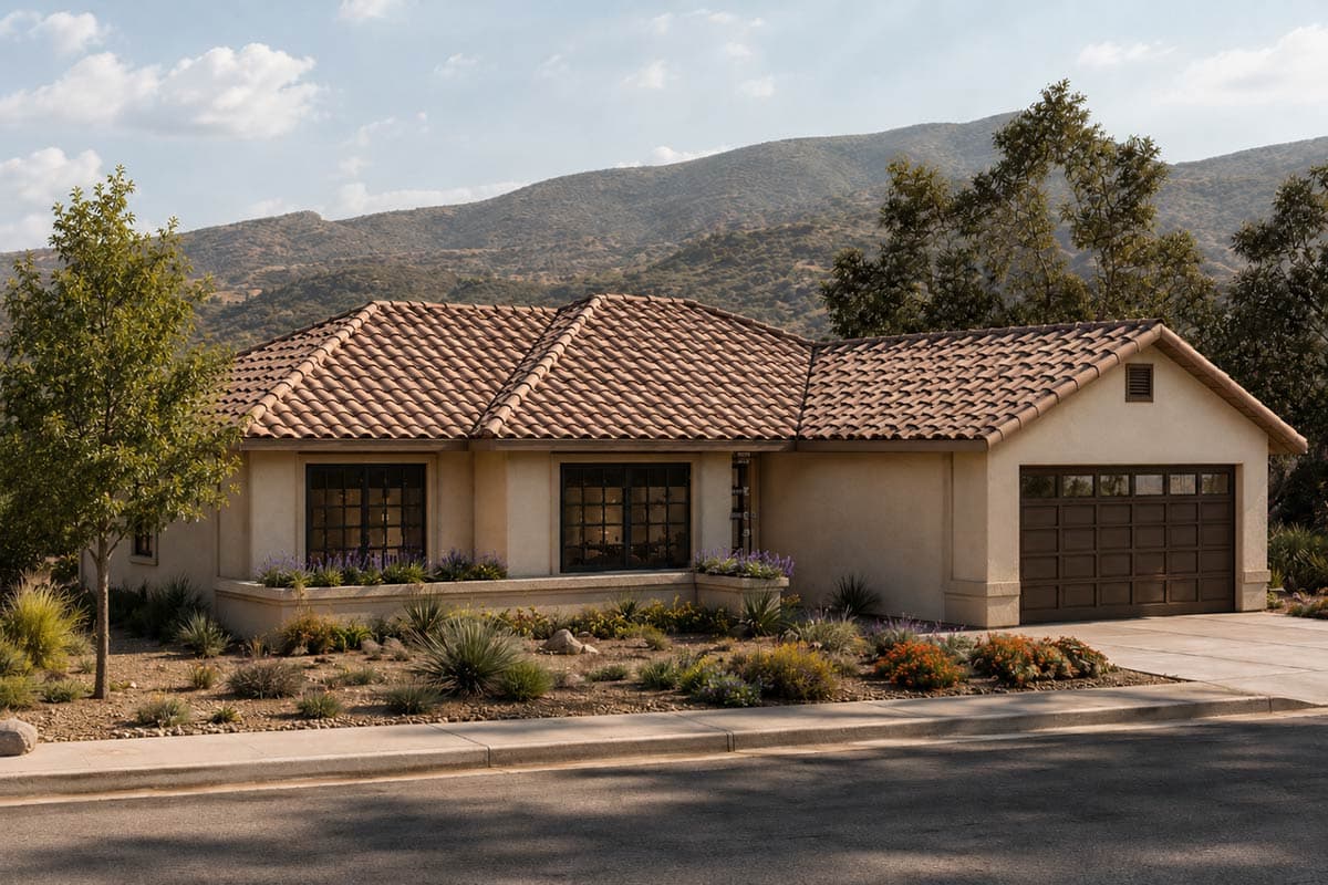 Plan image - 720194DA:Mediterranean Ranch House Plan with Three Bedrooms and Screened Porch