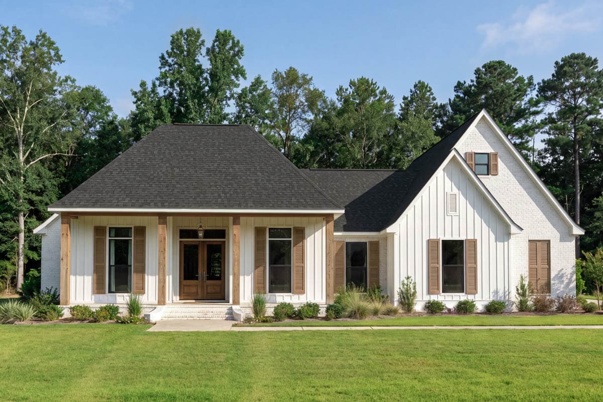 Farmhouse House Plan with Three Bedrooms and Side Entry Garage