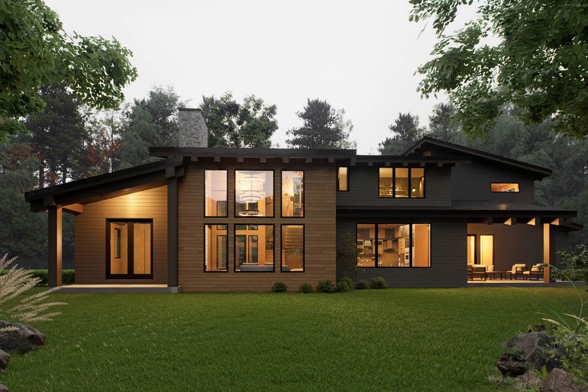 Plan 666317RAF: Contemporary Mountain House Plan with 4 Bedrooms and Two-Story Great Room - Image #2 - Contemporary, Modern, Mountain, Northwest