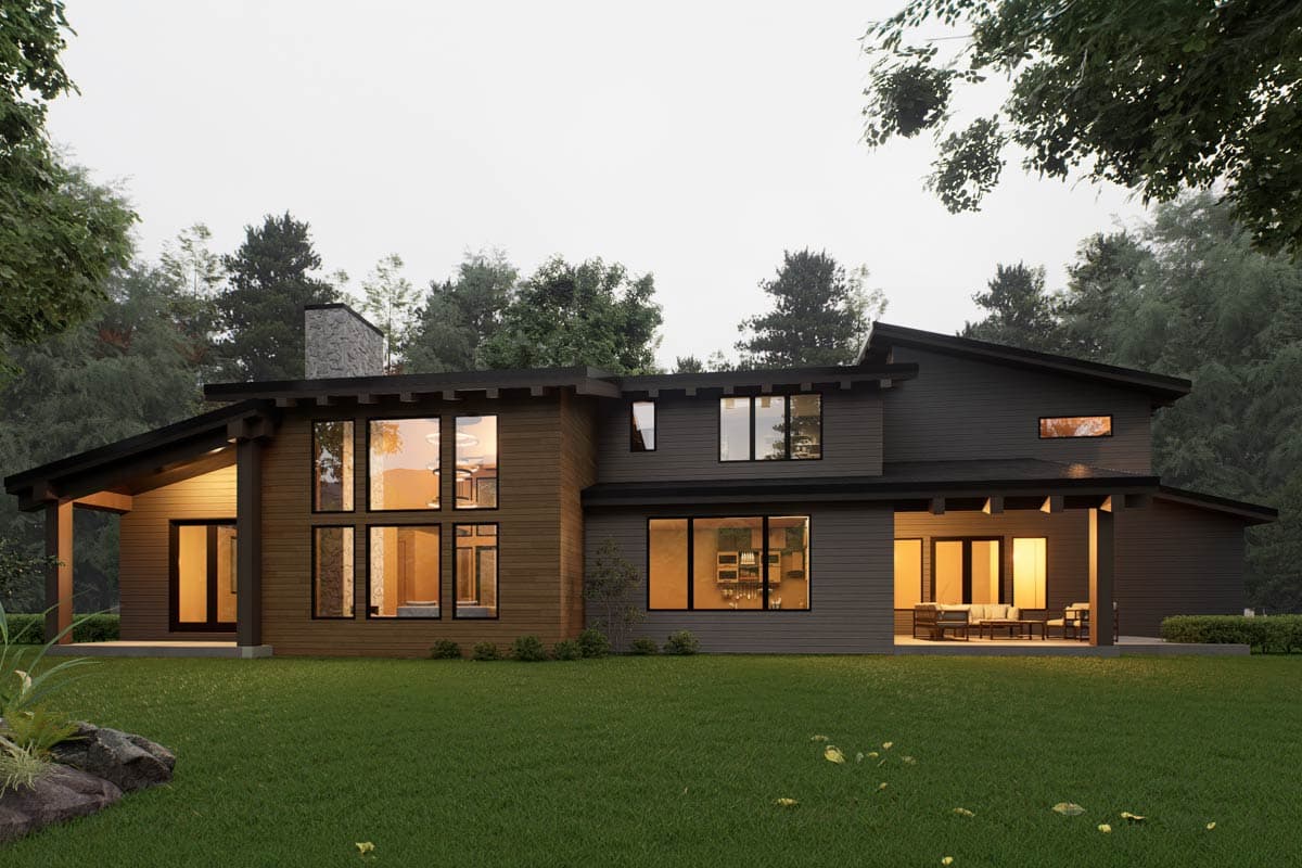 Plan 666317RAF: Contemporary Mountain House Plan with 4 Bedrooms and Two-Story Great Room - Image #3 - Contemporary, Modern, Mountain, Northwest