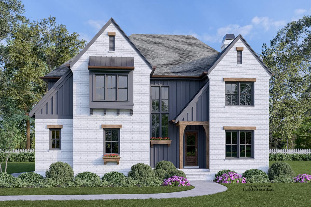 Modern European Transitional House Plan with Five Bedrooms and Flex Space