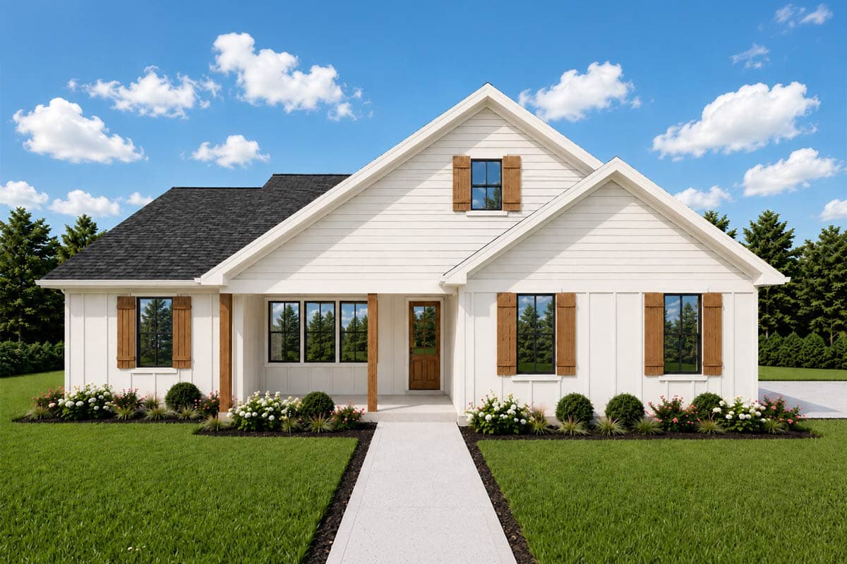 Plan 69926AM: Modern Farmhouse House Plan with Three Bedrooms and Vaulted Ceilings - Image #1 - Modern Farmhouse, Ranch, Traditional
