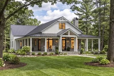 Charming Barndominium House Plan Featuring Three Bedrooms and Wraparound Porch
