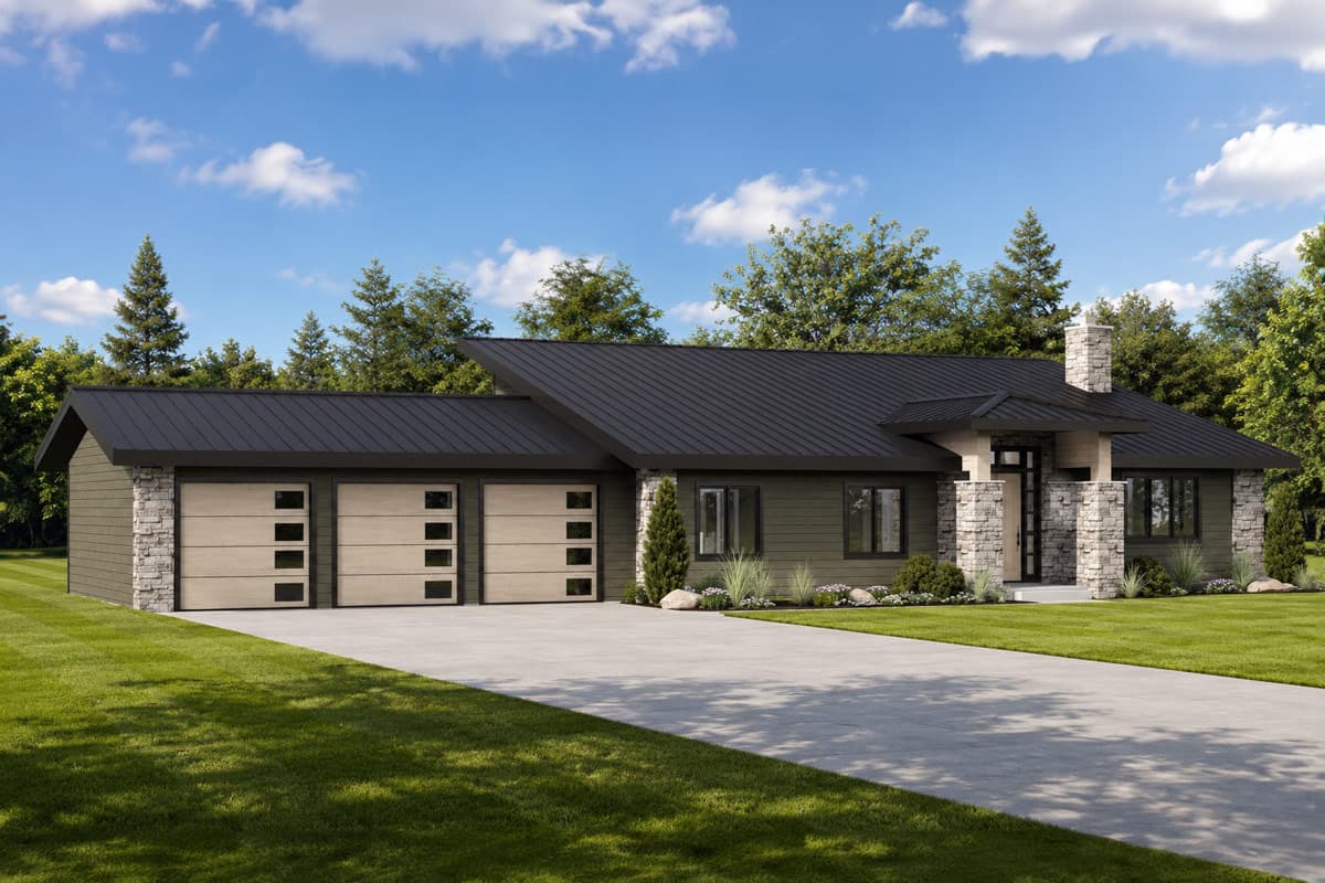 Plan 135470GRA: Contemporary Ranch House Plan with Three Bedrooms and Spacious Garage - Image #1 - Contemporary, Country, Craftsman, Modern, Ranch
