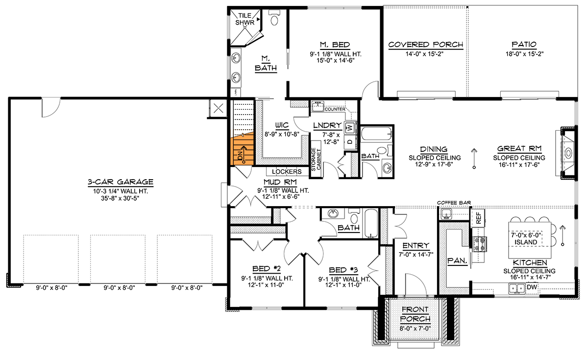Plan 135470GRA: Contemporary Ranch House Plan with Three Bedrooms and Spacious Garage - Floor Plan - Basement Stair Location - Contemporary, Country, Craftsman, Modern, Ranch