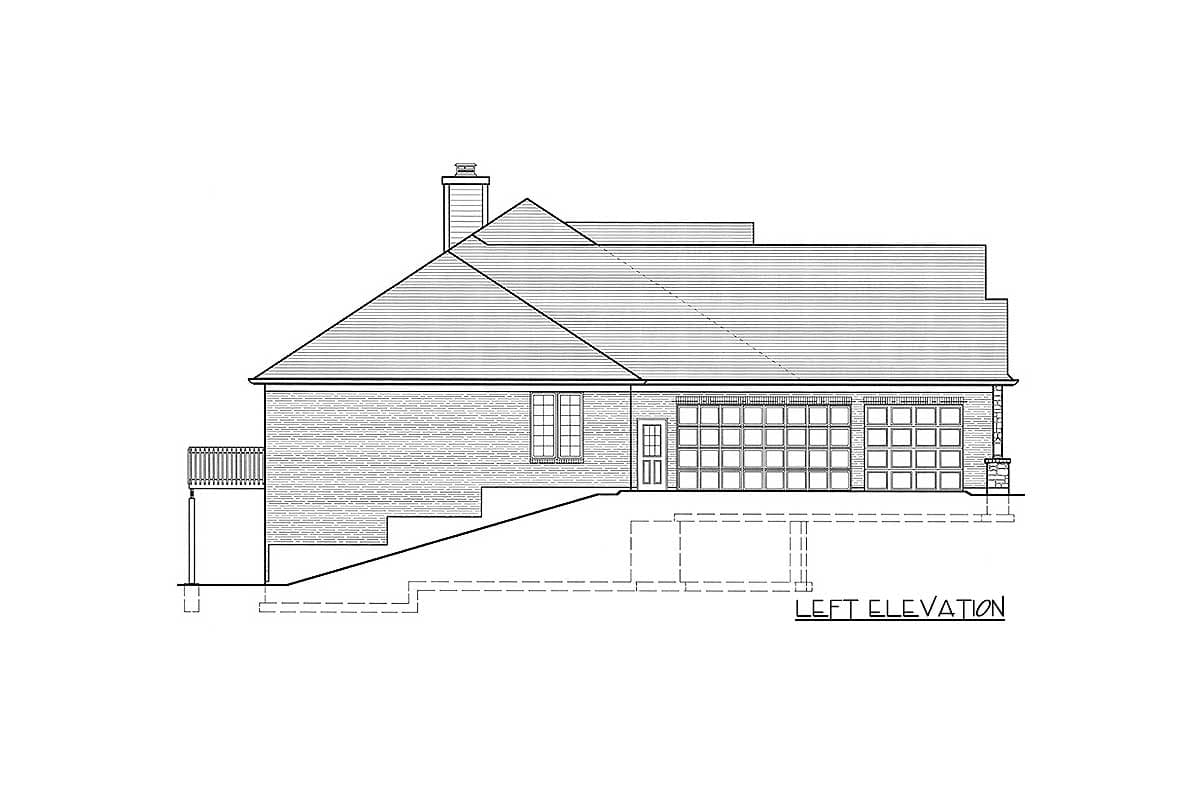 Left elevation house plan with multi-pane windows, a wide garage, and a deck overlooking tiered steps.
