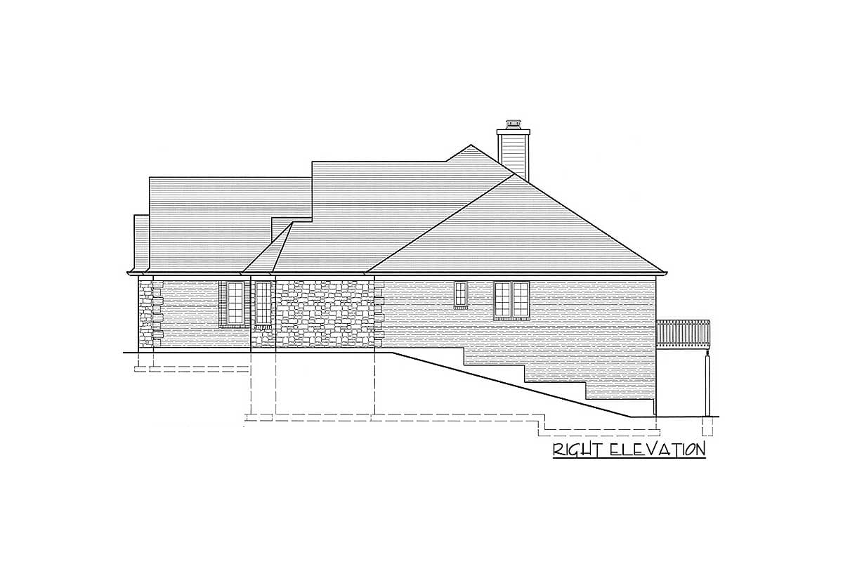Right elevation house plan drawing with stone and brick exterior, varied rooflines, chimney, and deck.
