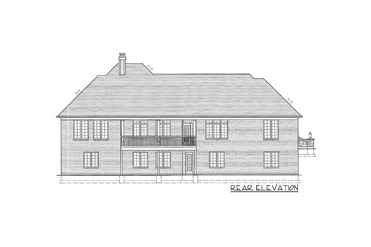 Rear elevation drawing of a two-story house plan with a central balcony, multiple windows, and a prominent roofline.
