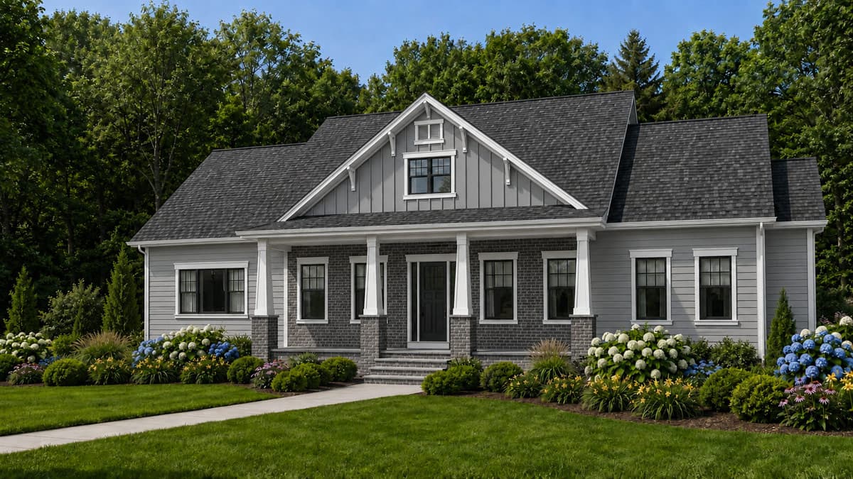 Plan 849172PGE: Three Bedroom Farmhouse House Plan with Rear Entry Garage - Image #2 - Country, Farmhouse, New American, Traditional