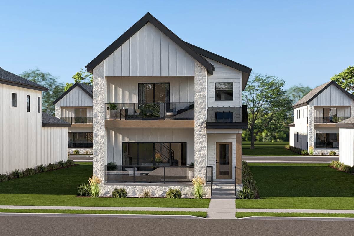 Plan 623671DJ: Modern Farmhouse House Plan with Three Bedrooms and Rear Entry Garage - Image #2 - Farmhouse, Modern, New American