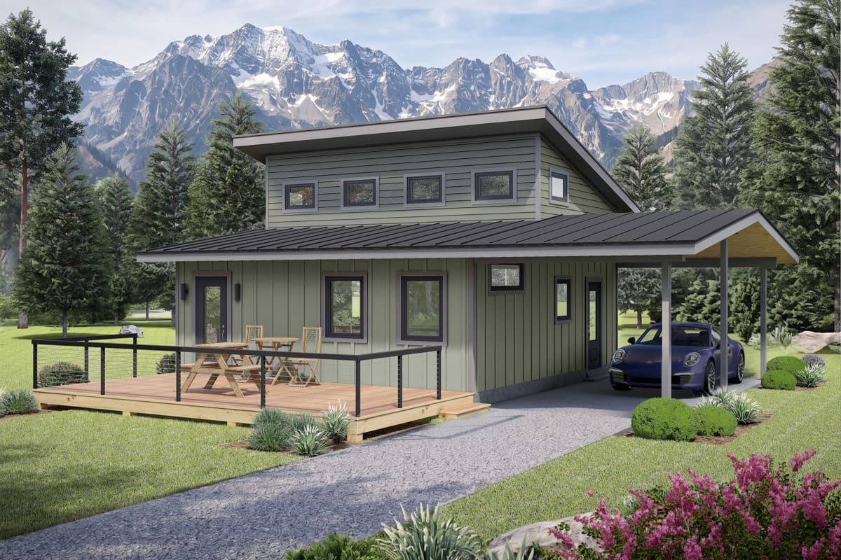 Plan 680697VR: Modern One Bedroom House Plan with Carport and Loft Space - Image #1 - Contemporary, Modern, Mountain, Vacation
