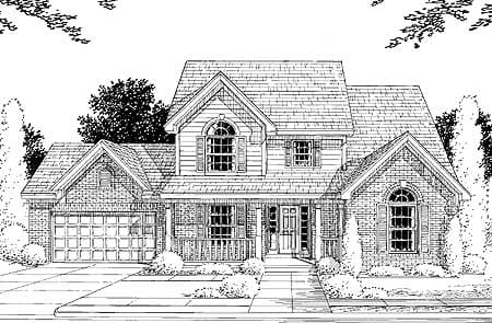 House plan exterior: Two-story home with a front-facing garage, covered porch, and arched dormer windows.