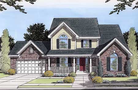 House plan exterior: Two-story home with a front-facing garage, covered porch, gabled dormer, and brick and siding facade.