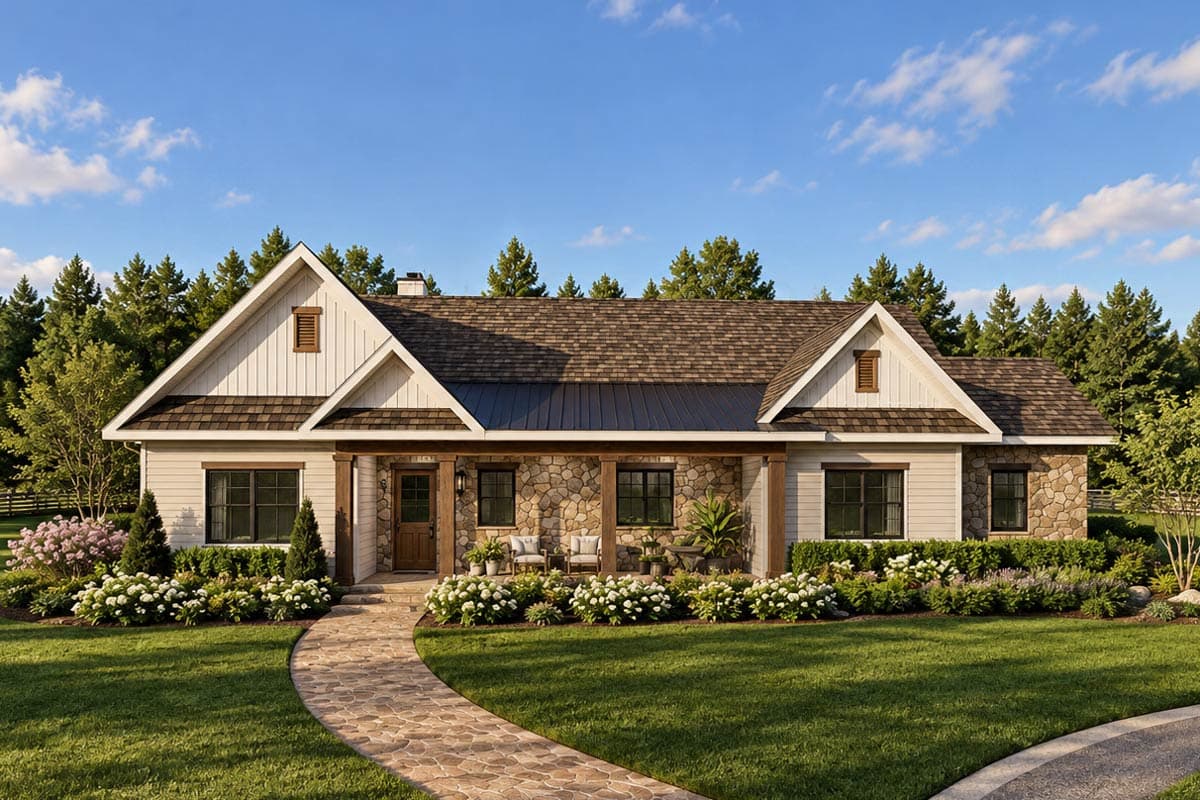 Plan 871900JEN: Accessible Cottage Ranch Home Plan with Split Bedroom Layout and Covered Front & Rear Porches - Image #1 - Cottage, Country, Farmhouse, Ranch