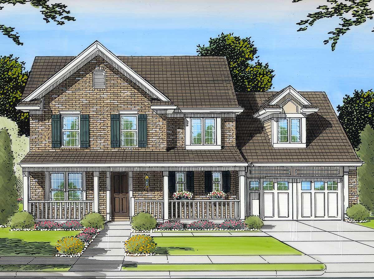 House plan exterior: two-story brick home with full front porch, dormer windows, and a three-car side-entry garage.