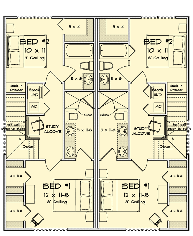 Plan 52593WM: Craftsman Duplex House Plan with Two Bedrooms and Two Bathrooms - Floor Plan - 2nd Level - Craftsman, Traditional