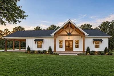 Three-Bedroom Country Farmhouse House Plan with Attached Carport